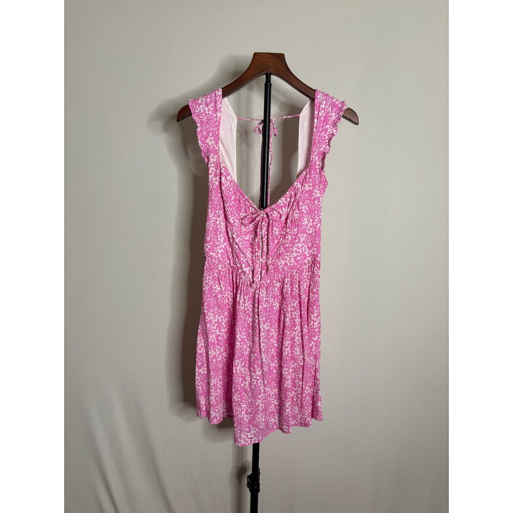 Sky to Moon | Pink White Floral Mini Dress Ruffle Sleeve Tie Front | Size Medium